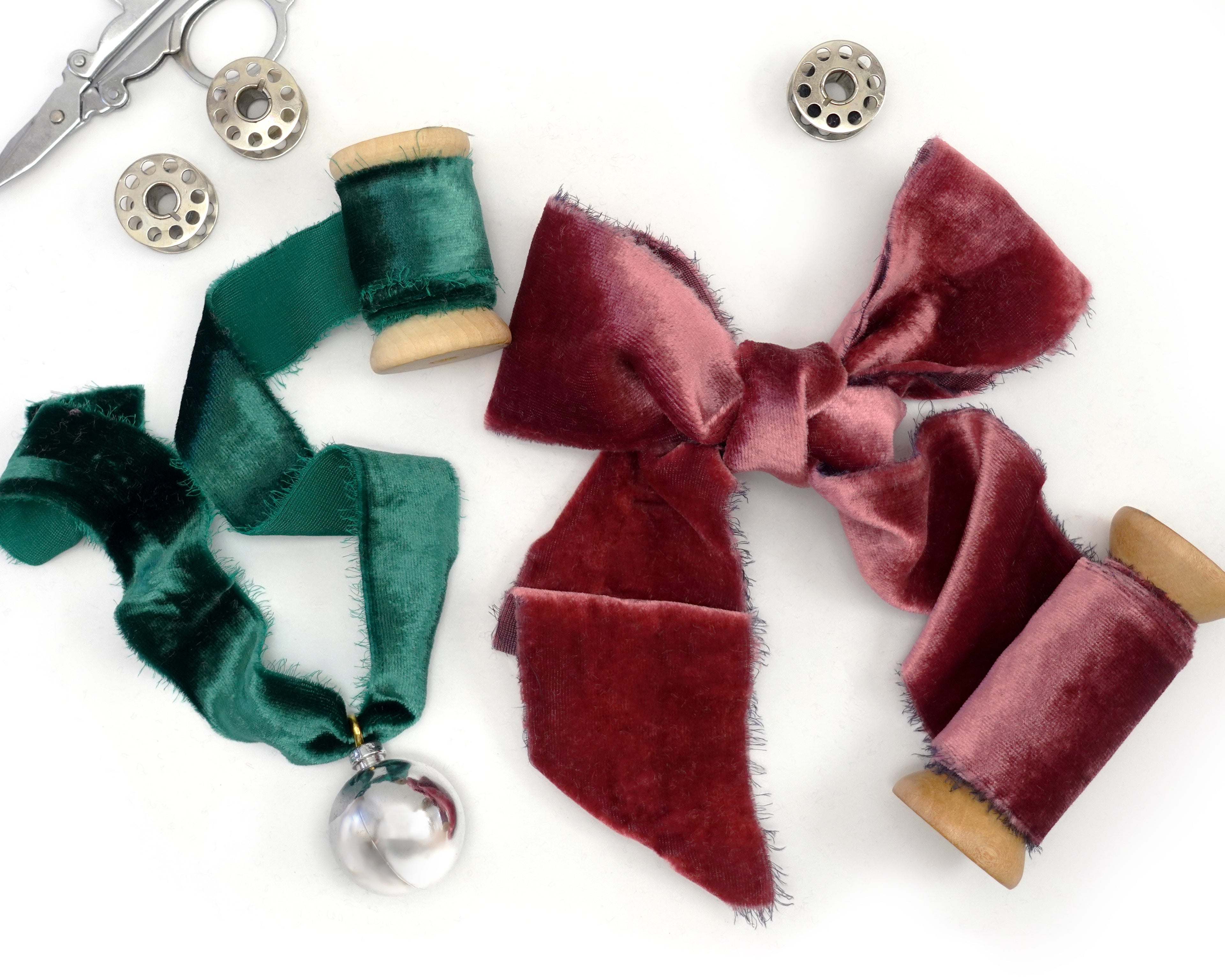 velvet silk ribbons flatlay with christmas theme