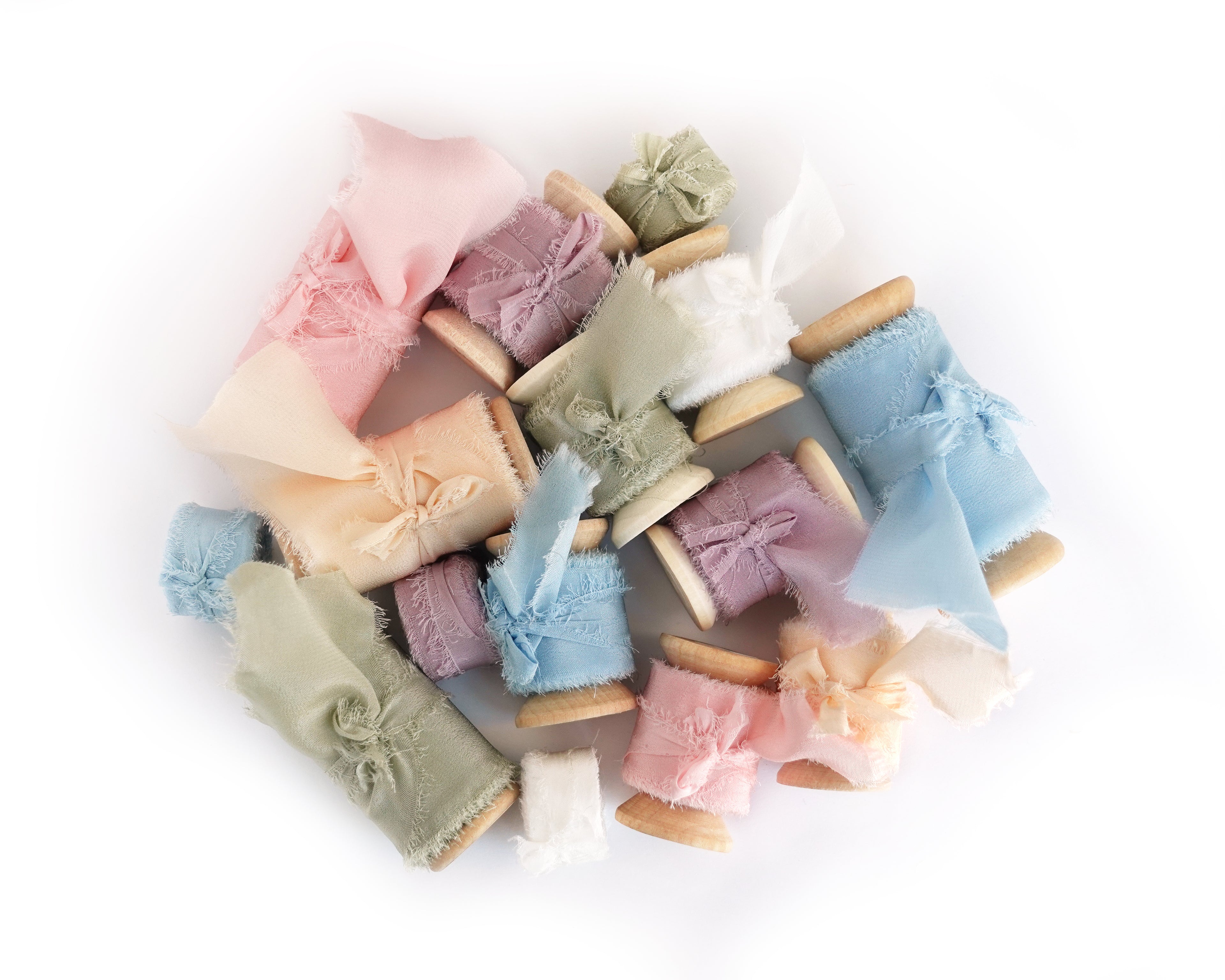 silk ribbons with frayed edge in five pastel colors